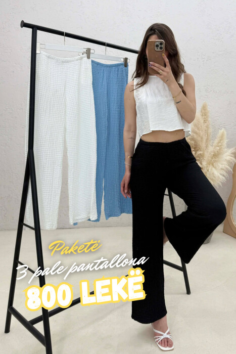 PAKETE 3 PALE PANTALLONA PER FEMRA NE NGJYRE TE BARDHE+ TE ZEZE + BLU - KLAUDIO FASHION