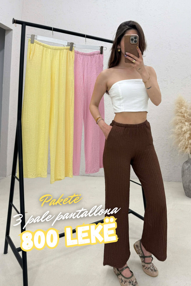 PAKETE 3 PALE PANTALLONA PER FEMRA NE NGJYRE KAFE + ROZE + TE VERDHE - 1