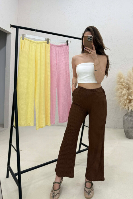 PAKETE 3 PALE PANTALLONA PER FEMRA NE NGJYRE KAFE + ROZE + TE VERDHE - 2