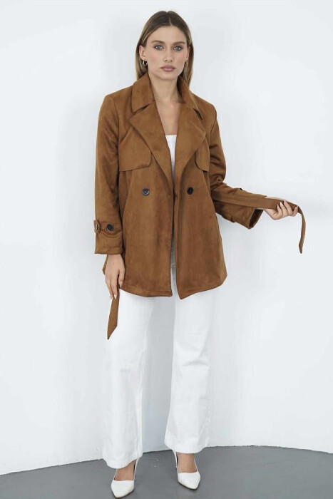 PALLTO KAMOSHI NJË NGJYRËSHE ME DETAJIN E LIDHSEVE PËR FEMRA NË NGJYRË KAFE - 7