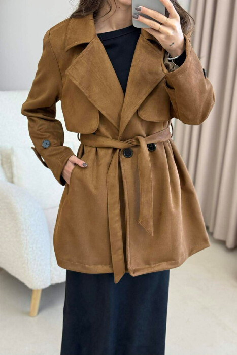 PALLTO KAMOSHI NJË NGJYRËSHE ME DETAJIN E LIDHSEVE PËR FEMRA NË NGJYRË KAFE - 2