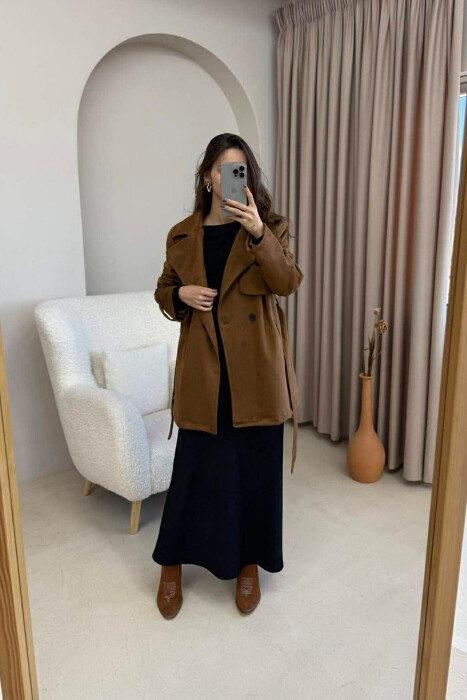 PALLTO KAMOSHI NJË NGJYRËSHE ME DETAJIN E LIDHSEVE PËR FEMRA NË NGJYRË KAFE - 5