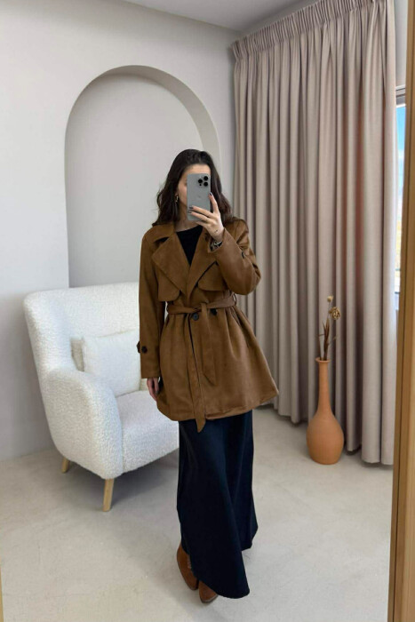 PALLTO KAMOSHI NJË NGJYRËSHE ME DETAJIN E LIDHSEVE PËR FEMRA NË NGJYRË KAFE - 6