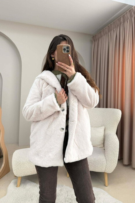 PALLTO PELLUSHI ME KAPUÇ DHE BUTONA PER FEMRA NE NGJYRE KREM - 5