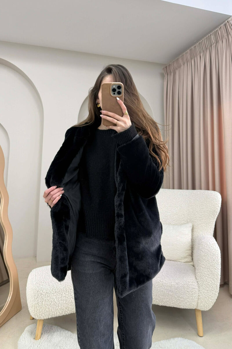 PALLTO PELLUSHI ME KAPUÇ DHE BUTONA PER FEMRA NE NGJYRE TE ZEZE - 2