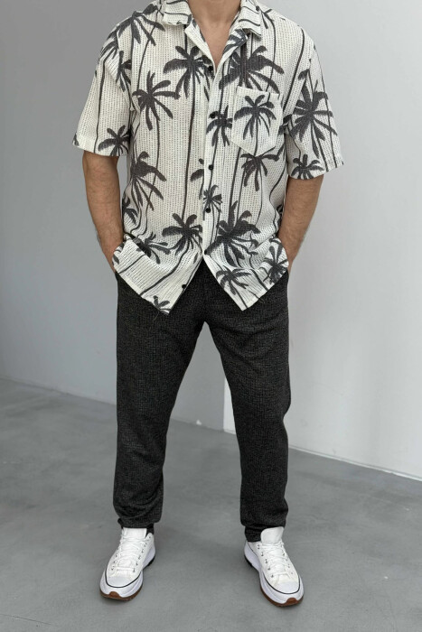 PALM TREE PRINTS SHORT SLEEVES MEN SHIRT WHITE-E BARDHE - 1