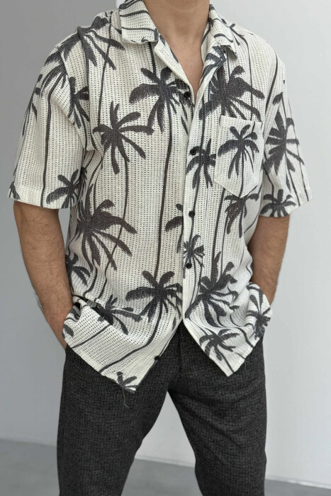 PALM TREE PRINTS SHORT SLEEVES MEN SHIRT WHITE-E BARDHE - 2