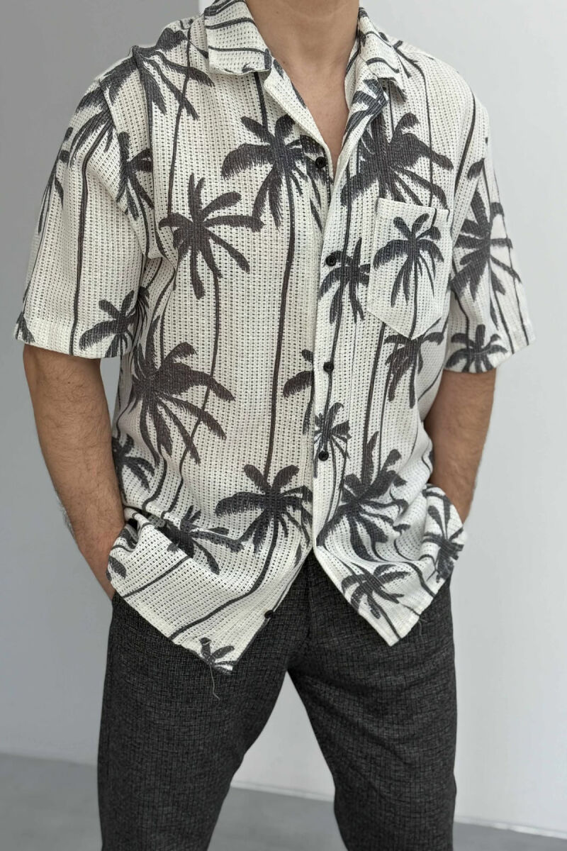 PALM TREE PRINTS SHORT SLEEVES MEN SHIRT WHITE-E BARDHE - 2