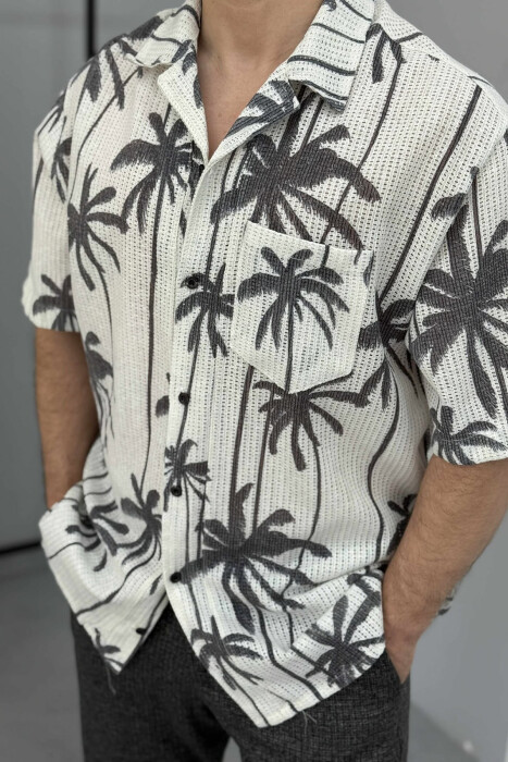 PALM TREE PRINTS SHORT SLEEVES MEN SHIRT WHITE-E BARDHE - 3