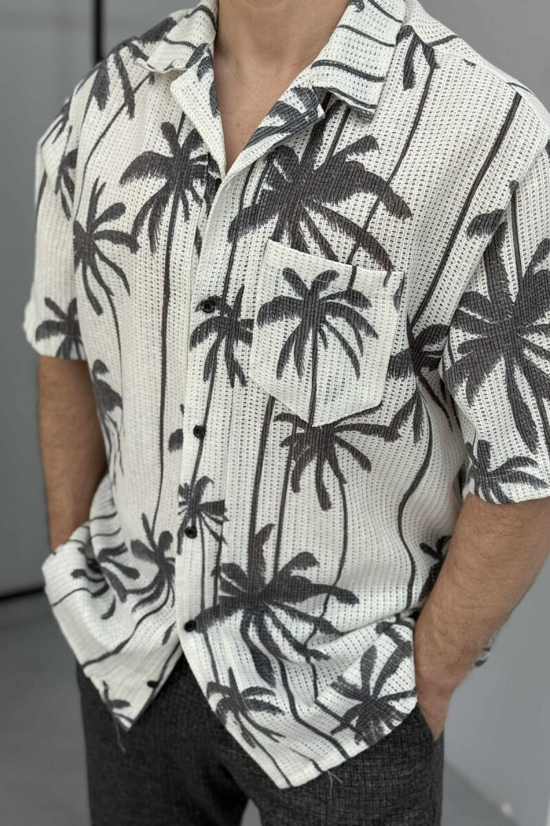 PALM TREE PRINTS SHORT SLEEVES MEN SHIRT WHITE-E BARDHE - 3