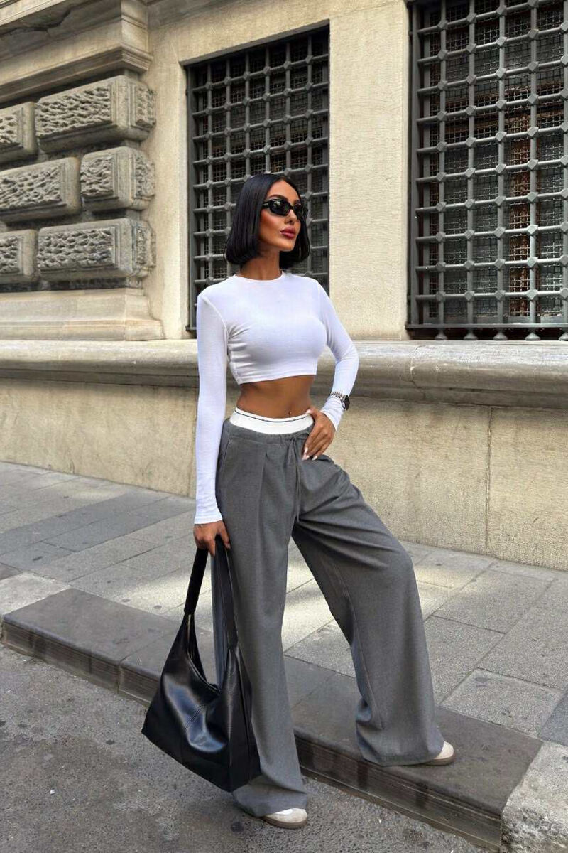 PANTALLONA ME BEL ELASTIK&LIDHËSE PËR FEMRA NË NGJYRË GRI - 1