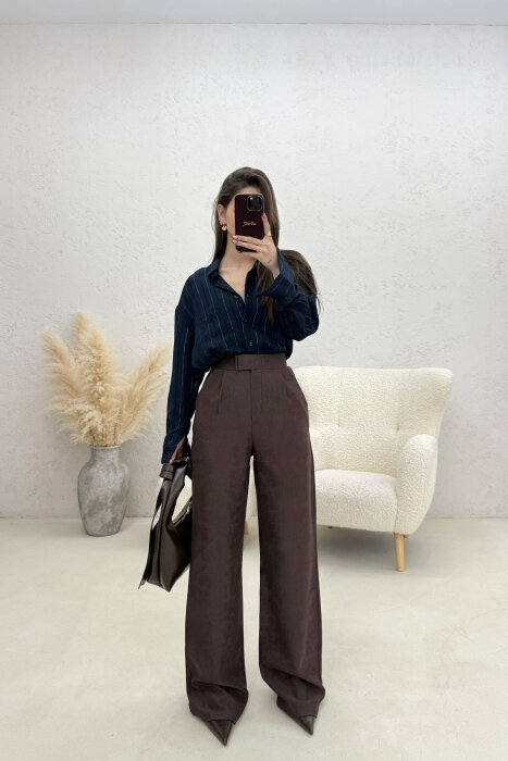 PANTALLONA ME BEL ELASTIK PER FEMRA NE NGJYRE KAFE - KLAUDIO FASHION