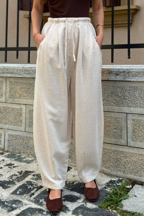 PANTALLONA ME BEL ELASTIK PER FEMRA NE NGJYRE KREM - 5