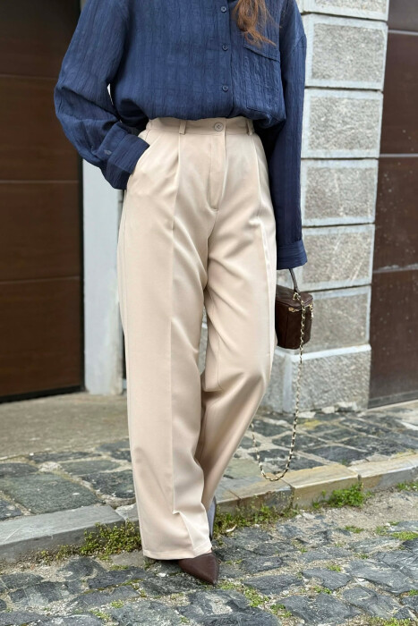 PANTALLONA ME BEL ELASTIK PER FEMRA NE NGJYRE KREM - 4