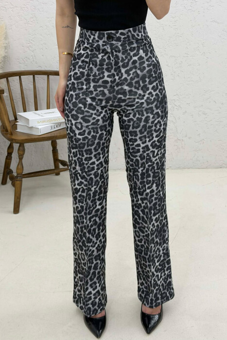 PANTALLONA ME BEL GJYSEM ELASTIK ME DIZAJN LEOPARD PER FEMRA NE NGJYRE GRI TE ERRET - 3