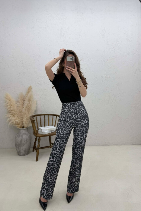 PANTALLONA ME BEL GJYSEM ELASTIK ME DIZAJN LEOPARD PER FEMRA NE NGJYRE GRI TE ERRET - 4