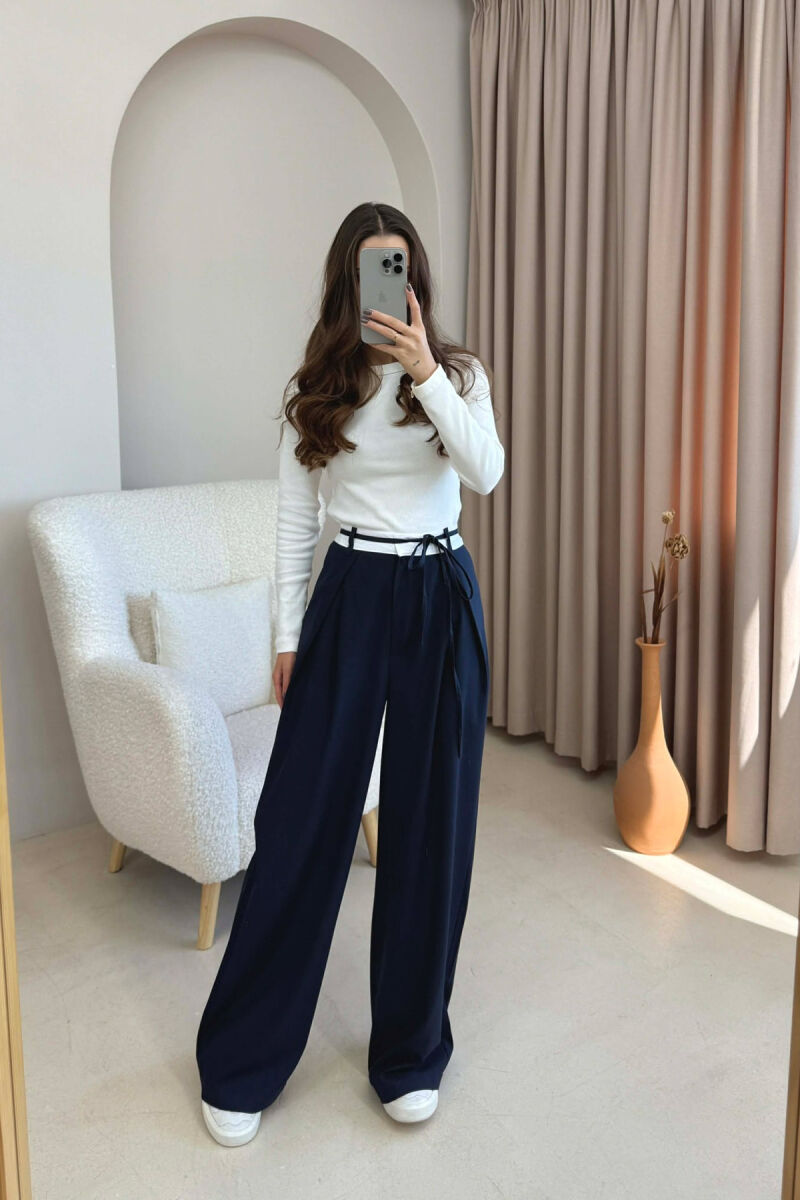 PANTALLONA ME BEL GJYSËM ELASTIK & LIDHËSE PËR FEMRA NË NGJYRËN BLU TË ERRËT - 2