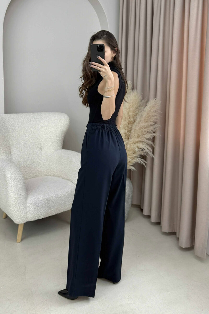 PANTALLONA NJË NGJYRËSHE ME BEL GJYSËM ELASTIK PËR FEMRA NË NGJYRË BLU TË ERRËT - 3