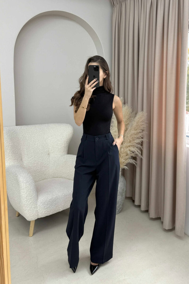 PANTALLONA NJË NGJYRËSHE ME BEL GJYSËM ELASTIK PËR FEMRA NË NGJYRË BLU TË ERRËT - 2