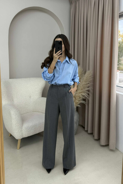 PANTALLONA NJË NGJYRËSHE ME BEL GJYSËM ELASTIK PËR FEMRA NË NGJYRË GRI TË ERRËT - 2