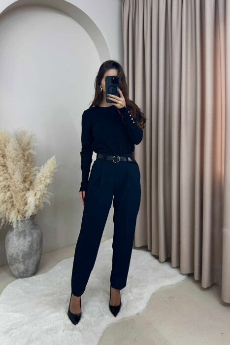 PANTALLONA NJË NGJYRËSHE ME BEL GJYSËM ELASTIK & RRIP PËR FEMRA NË NGJYRË BLU TË ERRËT - 2