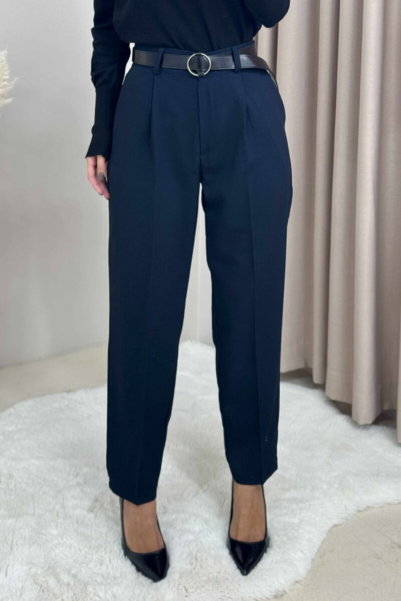 PANTALLONA NJË NGJYRËSHE ME BEL GJYSËM ELASTIK & RRIP PËR FEMRA NË NGJYRË BLU TË ERRËT - 3