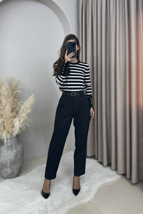 PANTALLONA NJË NGJYRËSHE ME BEL GJYSËM ELASTIK & RRIP PËR FEMRA NË NGJYRË TË ZEZË - 2