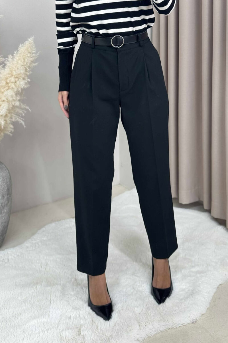 PANTALLONA NJË NGJYRËSHE ME BEL GJYSËM ELASTIK & RRIP PËR FEMRA NË NGJYRË TË ZEZË - 3