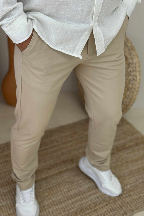 PANTALLONA NJË NGJYRËSHE ME DETAJIN E LIDHSES PËR MESHKUJ NË NGJYRËN KREM - 5