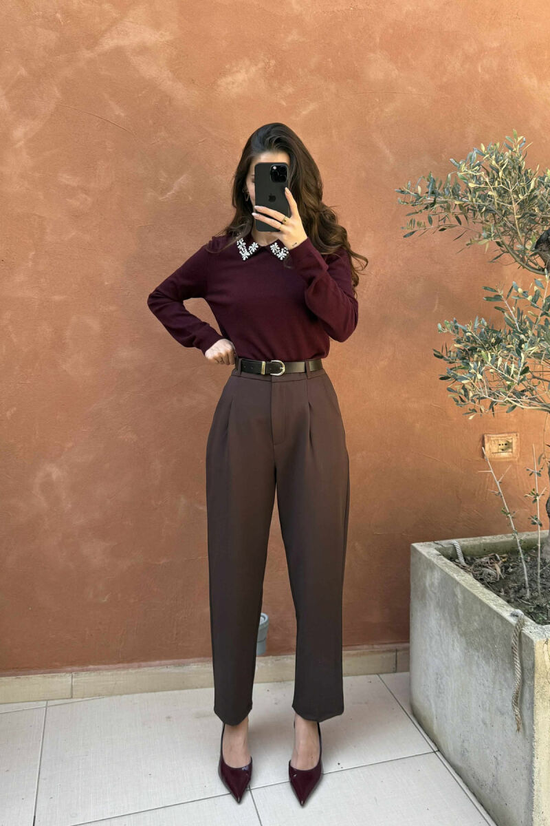 PANTALLONA NJË NGJYRËSHE ME DETAJIN E RRIPIT PËR FEMRA NË NGJYRËN KAFE - 3