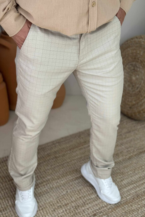 PANTALLONA NJË NGJYRËSHE ME KUADRATA PËR MESHKUJ NË NGJYRËN KREM - 4