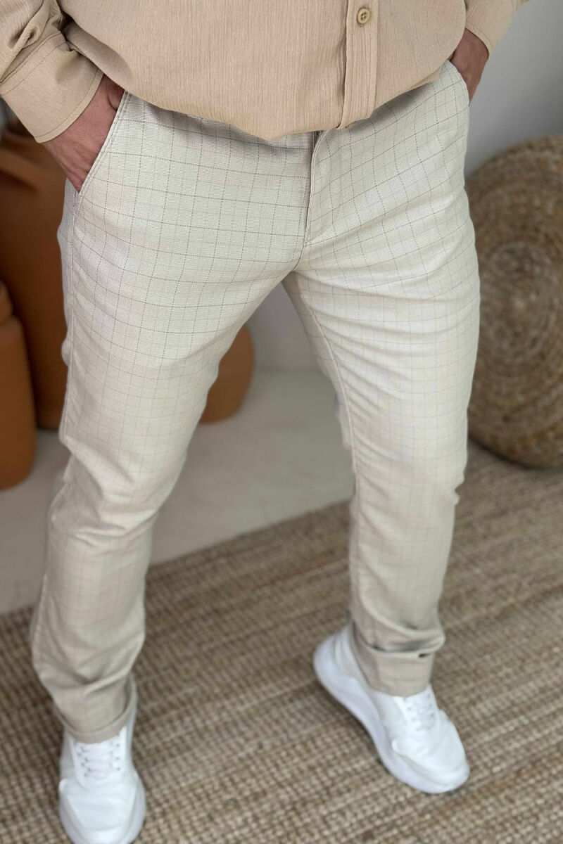 PANTALLONA NJË NGJYRËSHE ME KUADRATA PËR MESHKUJ NË NGJYRËN KREM - 4