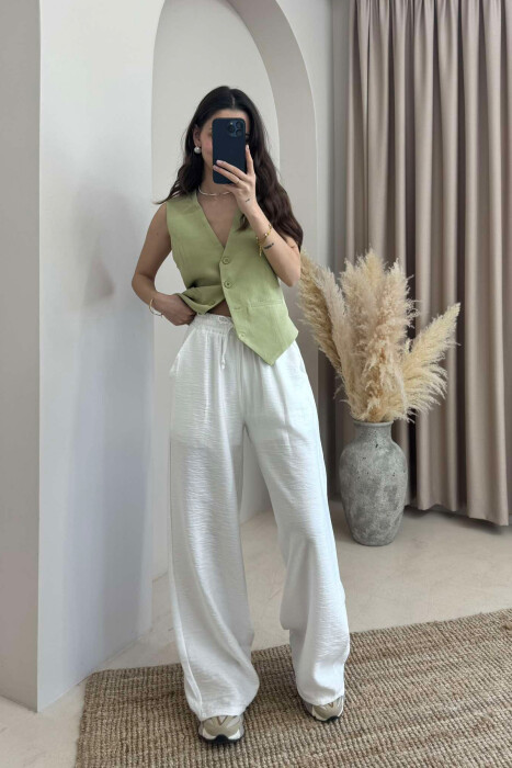 PANTALLONA NJËNGJYRËSHE ELASTIKE NË BELI PËR FEMRA NË NGJYRË TE BARDHE - 2