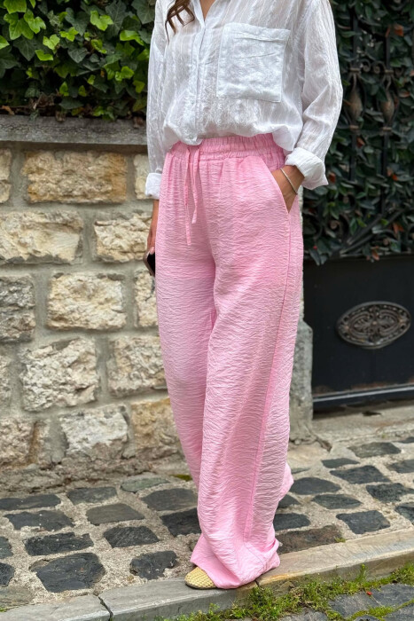 PANTALLONA NJËNGJYRËSHE ELASTIKE NË BELI PËR FEMRA NË NGJYRE ROZE - 4