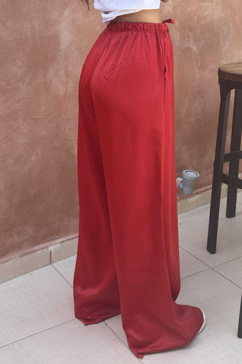 PANTALLONA SATEN ELASTIKE NË BELI DHE ME LIDHËSE PËR FEMRA NË NGJYRËN KUQE - 5