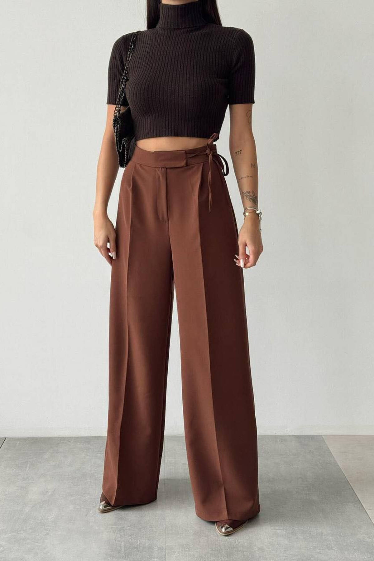 LACING WIDE LEG WOMAN TROUSERS BROWN/KAFE TROUSERS BS-7351