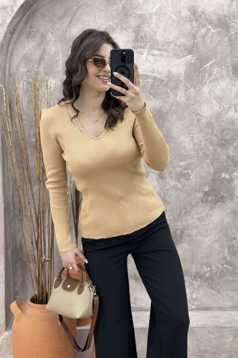 PEARL DETAILS ONE COLOR WOMEN SWEATER BEIGE/BEZHE - 4
