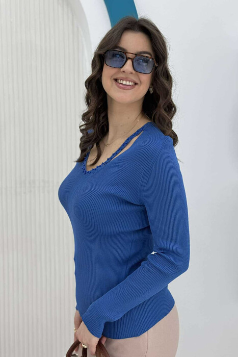 PEARL DETAILS ONE COLOR WOMEN SWEATER BLUE/BLU - 2