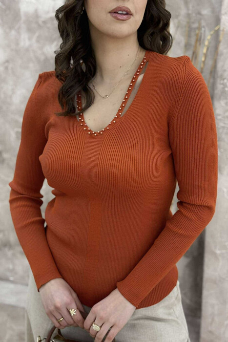 PEARL DETAILS ONE COLOR WOMEN SWEATER BRICK/TULLE - 2