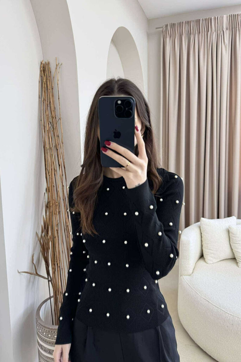 PEARL DETAILS ROUND NECK WOMEN SWEATER BLACK/ E ZEZE - 1