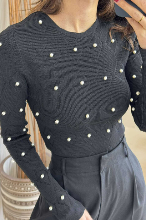 PEARL DETAILS ROUND NECK WOMEN SWEATER BLACK/ E ZEZE - 3