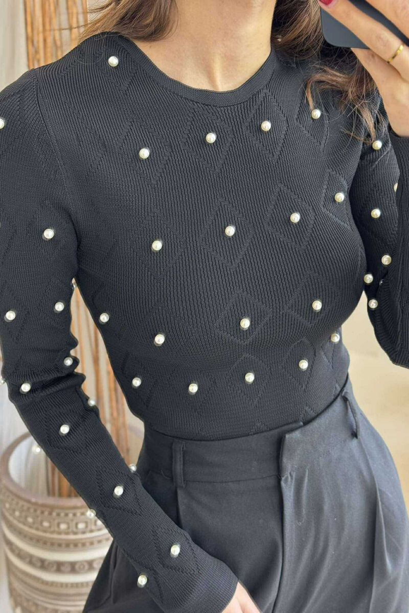 PEARL DETAILS ROUND NECK WOMEN SWEATER BLACK/ E ZEZE - 3