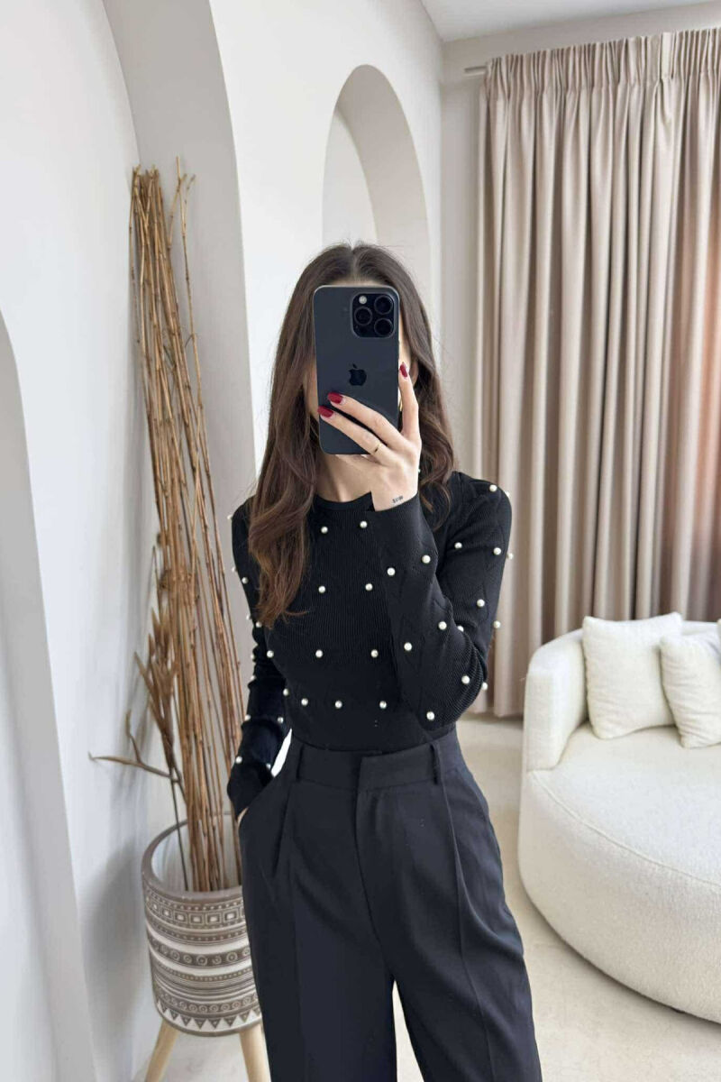 PEARL DETAILS ROUND NECK WOMEN SWEATER BLACK/ E ZEZE - 4