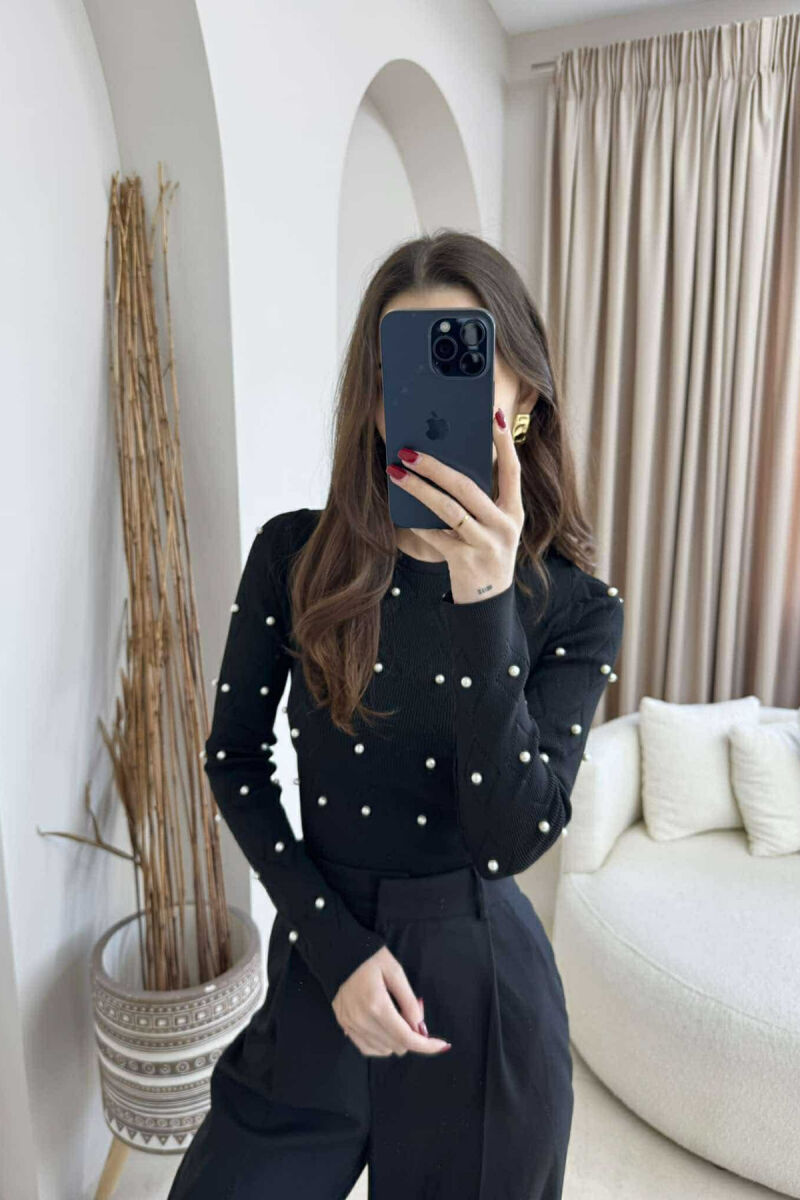 PEARL DETAILS ROUND NECK WOMEN SWEATER BLACK/ E ZEZE - 6