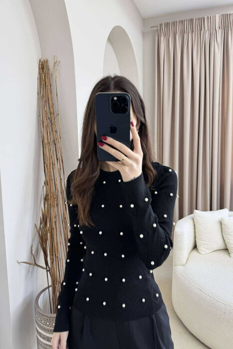 PEARL DETAILS ROUND NECK WOMEN SWEATER BLACK/ E ZEZE 