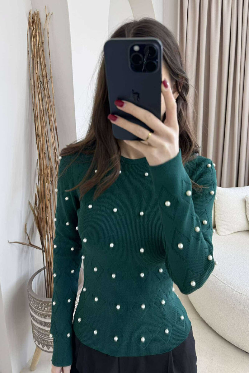 PEARL DETAILS ROUND NECK WOMEN SWEATER DARK GREEN/JEE - 1