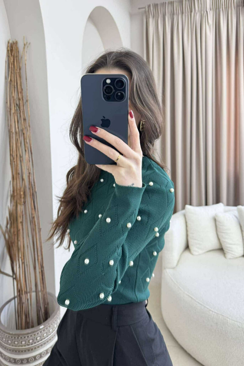 PEARL DETAILS ROUND NECK WOMEN SWEATER DARK GREEN/JEE - 2
