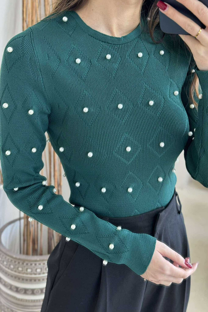PEARL DETAILS ROUND NECK WOMEN SWEATER DARK GREEN/JEE - 3