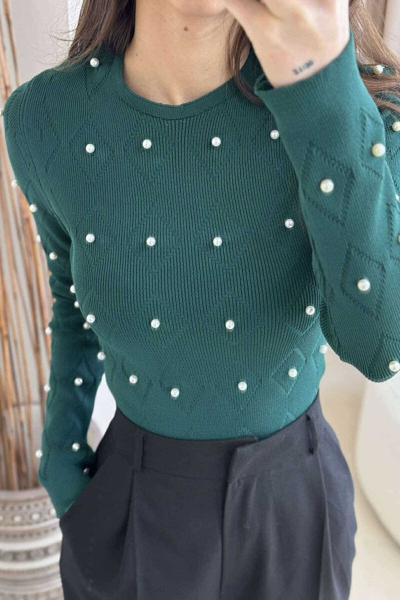 PEARL DETAILS ROUND NECK WOMEN SWEATER DARK GREEN/JEE - 4