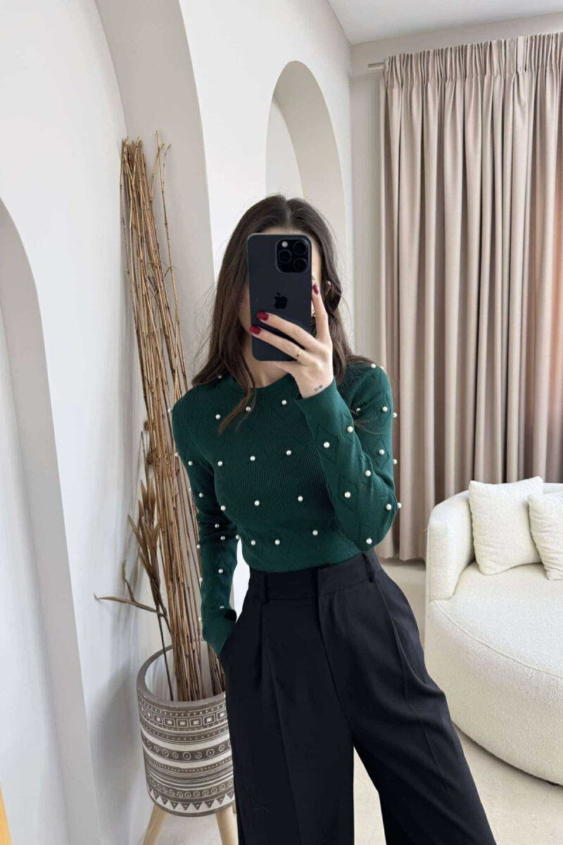 PEARL DETAILS ROUND NECK WOMEN SWEATER DARK GREEN/JEE - 5
